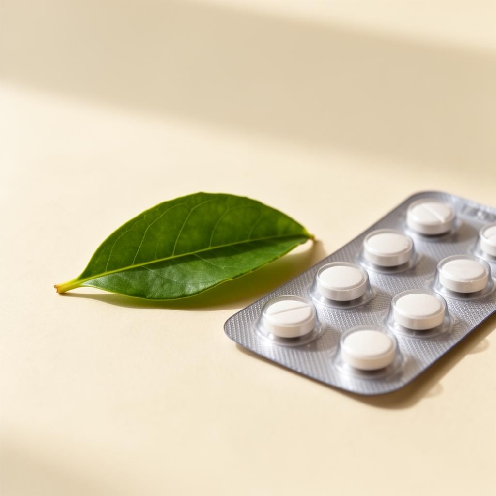 Een groen blad naast een blisterverpakking met tabletten