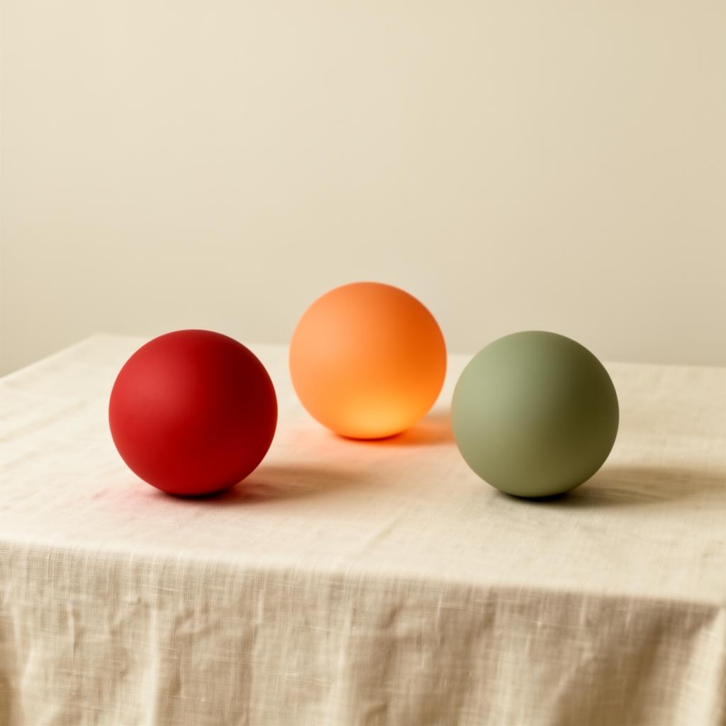 Drie bollen in rood, oranje en groen op linnen ondergrond