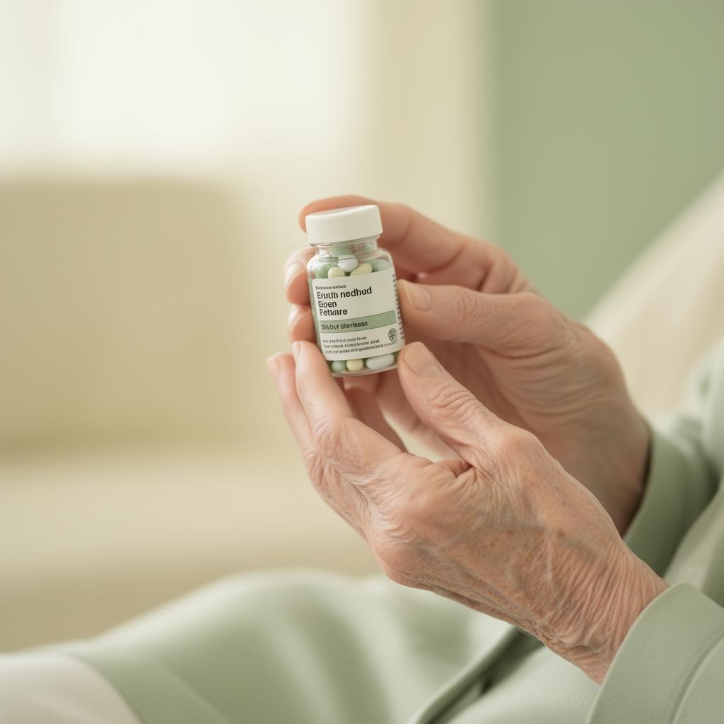 Oudere handen houden een potje medicatie vast
